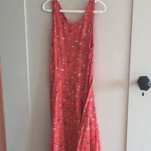 Red dress with flowers.